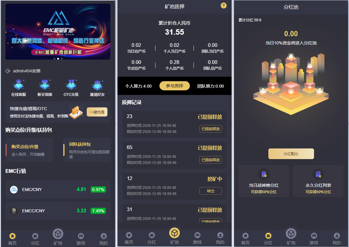 【优选源码】其他站长亲测 EMC交易所挖矿赚钱源码 六层阶梯板块+四套网体系统+通过奖励兑换EMC质押进行挖矿 - 截图1
