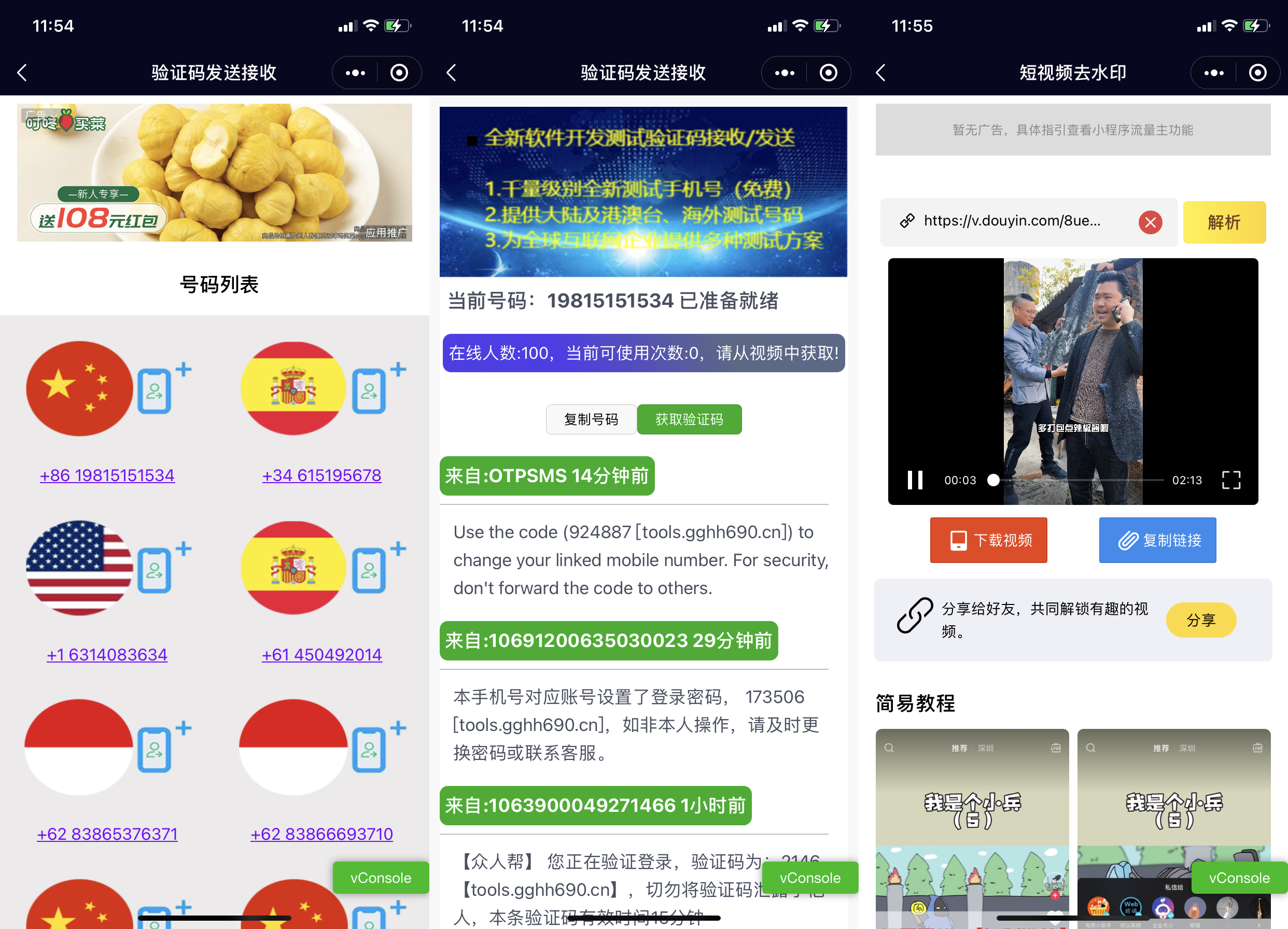 【优选源码】短视频去水印+全球手机验证码发放等组合功能小程序源码_支持多种流量主 - 截图1