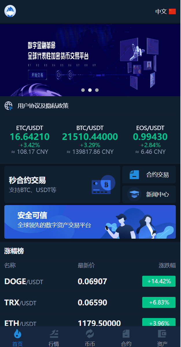 【优选源码】多语言交易所系统/币币交易/秒合约交易所/PC端VUE - 截图1