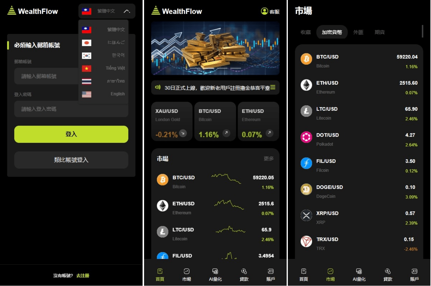 【优选源码】WealthFlow交易所源码+模拟账号前端uniapp编译后+后端php - 截图1